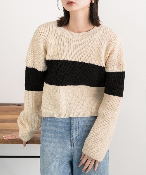 ad thie（アドティエ）の「ショート・ざっくり編み ボーダーニット（ニット/セーター・レディース・ブラック/ブラウン/ライトブルー・FREE）」の13枚目の写真