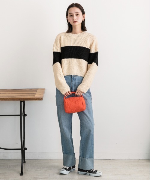 ad thie（アドティエ）の「ショート・ざっくり編み ボーダーニット（ニット/セーター・レディース・ブラック/ブラウン/ライトブルー・FREE）」の14枚目の写真
