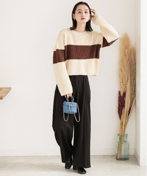 ad thie（アドティエ）の「ショート・ざっくり編み ボーダーニット（ニット/セーター・レディース・ブラック/ブラウン/ライトブルー・FREE）」の16枚目の写真