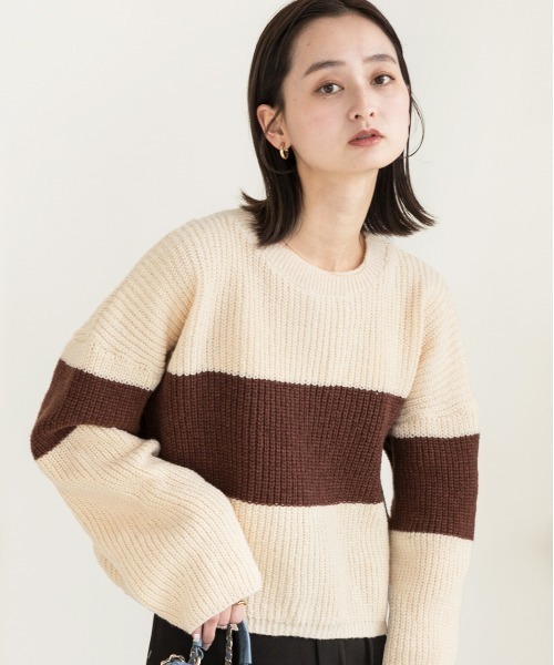 ad thie（アドティエ）の「ショート・ざっくり編み ボーダーニット（ニット/セーター・レディース・ブラック/ブラウン/ライトブルー・FREE）」の17枚目の写真