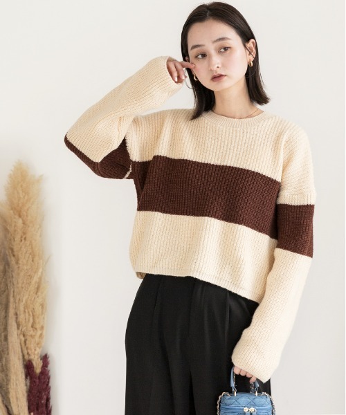 ad thie（アドティエ）の「ショート・ざっくり編み ボーダーニット（ニット/セーター・レディース・ブラック/ブラウン/ライトブルー・FREE）」の20枚目の写真