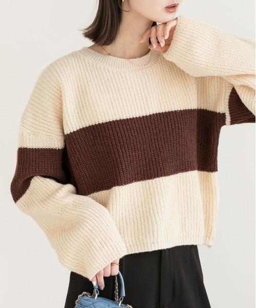 ad thie（アドティエ）の「ショート・ざっくり編み ボーダーニット（ニット/セーター・レディース・ブラック/ブラウン/ライトブルー・FREE）」の21枚目の写真