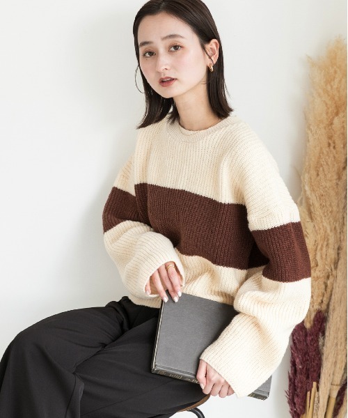 ad thie（アドティエ）の「ショート・ざっくり編み ボーダーニット（ニット/セーター・レディース・ブラック/ブラウン/ライトブルー・FREE）」の22枚目の写真
