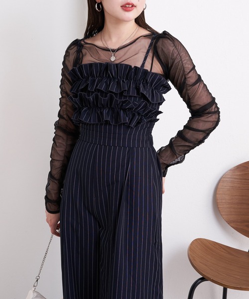 極美品 23SS デパリエ×エクラ サマーウールコンビネゾン オールインワン ウォーリー] シルク ブレンド オーガンジー ドレス, dark grey