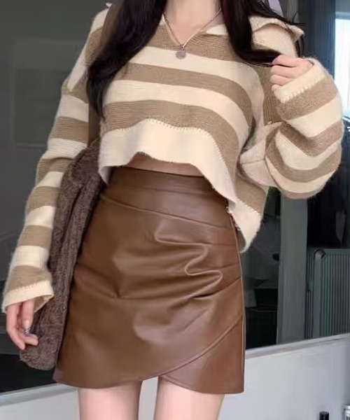 gossip!ロサンゼルス(ゴシップロサンゼルス)の「PUレザー ドレープミニスカート(スカート・レディース・ブラウン/アイボリー/ブラック・S/M/L)」の1枚目の写真