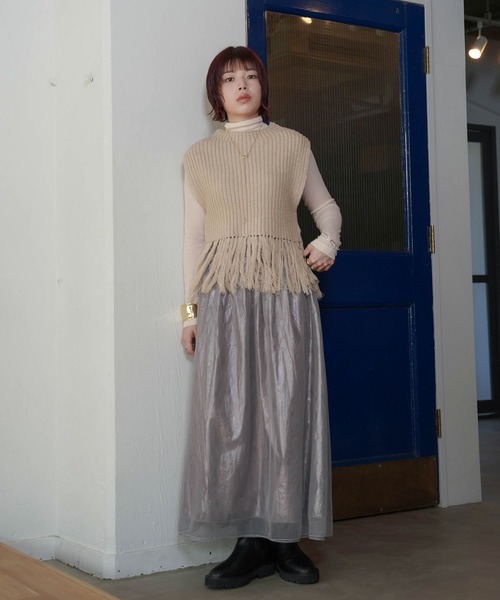 mimi toujours(ミミトゥジュール)の「フリンジ ニット ベスト mimi toujours×itsPeachi(ベスト・レディース・ライム/ベージュ・M)」の1枚目の写真