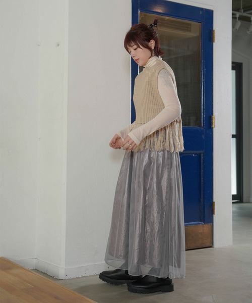 mimi toujours(ミミトゥジュール)の「フリンジ ニット ベスト mimi toujours×itsPeachi(ベスト・レディース・ライム/ベージュ・M)」の3枚目の写真