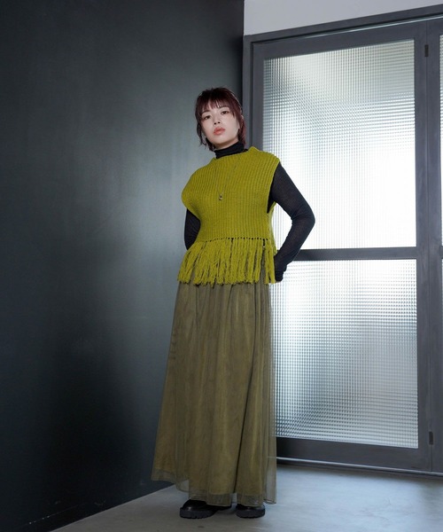 mimi toujours(ミミトゥジュール)の「フリンジ ニット ベスト mimi toujours×itsPeachi(ベスト・レディース・ライム/ベージュ・M)」の9枚目の写真