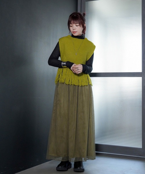 mimi toujours(ミミトゥジュール)の「フリンジ ニット ベスト mimi toujours×itsPeachi(ベスト・レディース・ライム/ベージュ・M)」の10枚目の写真
