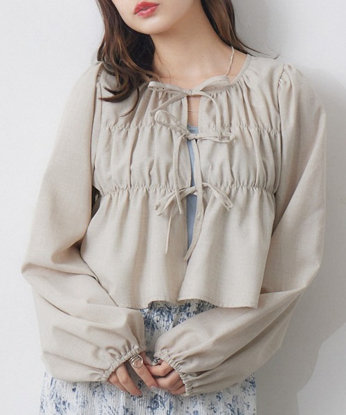 RETRO GIRL(レトロガール)の「フロントリボンBL(シャツ/ブラウス・レディース・ブルー/オフホワイト/ベージュ・FREE)」の2枚目の写真