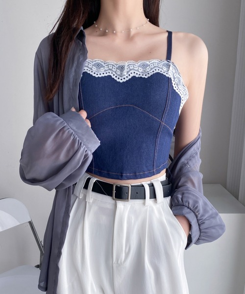 Diosfront(ディオスフロント)の「レースドッキングデニムショートキャミ(キャミソール・レディース・ライトブルー/ブラック/ネイビー・FREE)」の11枚目の写真