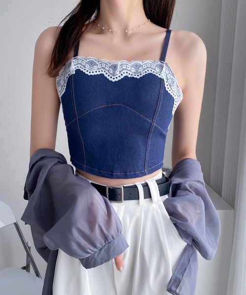 Diosfront(ディオスフロント)の「レースドッキングデニムショートキャミ(キャミソール・レディース・ライトブルー/ブラック/ネイビー・FREE)」の12枚目の写真