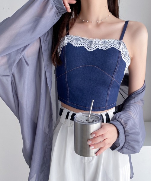 Diosfront(ディオスフロント)の「レースドッキングデニムショートキャミ(キャミソール・レディース・ライトブルー/ブラック/ネイビー・FREE)」の15枚目の写真