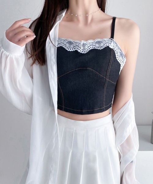 Diosfront(ディオスフロント)の「レースドッキングデニムショートキャミ(キャミソール・レディース・ライトブルー/ブラック/ネイビー・FREE)」の6枚目の写真