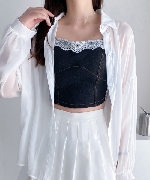 Diosfront(ディオスフロント)の「レースドッキングデニムショートキャミ(キャミソール・レディース・ライトブルー/ブラック/ネイビー・FREE)」の9枚目の写真