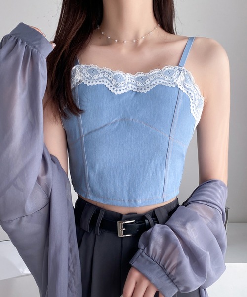 Diosfront(ディオスフロント)の「レースドッキングデニムショートキャミ(キャミソール・レディース・ライトブルー/ブラック/ネイビー・FREE)」の17枚目の写真