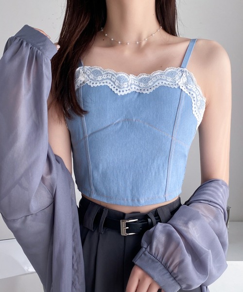 Diosfront(ディオスフロント)の「レースドッキングデニムショートキャミ(キャミソール・レディース・ライトブルー/ブラック/ネイビー・FREE)」の21枚目の写真