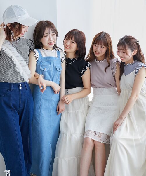 MAJESTIC LEGON（マジェスティックレゴン）の「ノースリフリルメロウリブトップス（Tシャツ/カットソー・レディース・ブルー/アイボリー/ブラック系その他/グレイッシュベージュ/ブラック・MEDIUM）」の6枚目の写真