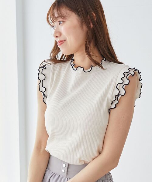 MAJESTIC LEGON（マジェスティックレゴン）の「ノースリフリルメロウリブトップス（Tシャツ/カットソー・レディース・ブルー/アイボリー/ブラック系その他/グレイッシュベージュ/ブラック・MEDIUM）」の16枚目の写真