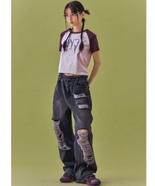 FANCY CLUB（ファンシークラブ）の「A'GEM/9 × .kom 『 FANCY CLUB/ファンシークラブ』 SPOOKY RAGLAN TEE/ラグラン 半袖カットソー（Tシャツ/カットソー・レディース・ピンク/グレー・FREE）」の3枚目の写真