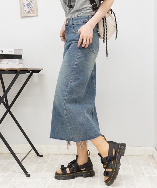 ダメージ　デニムロンぐスカート スカート デニム レース ダメージ マーメイド ロング 透け感