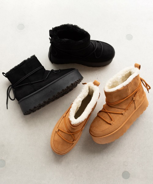 SVEC（シュベック）の「厚底ムートンブーツ / ボア レースアップ（ブーツ・レディース・キャメル/ブラック・35/36/37/38/39/40/41）」の3枚目の写真