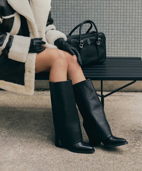 定価19万超✨トーマスワイルド ロングブーツ チェーン レザー 7 ASH/アッシュ【LEWIS】ワイドシャフト カバーロングブーツ 5cmヒール