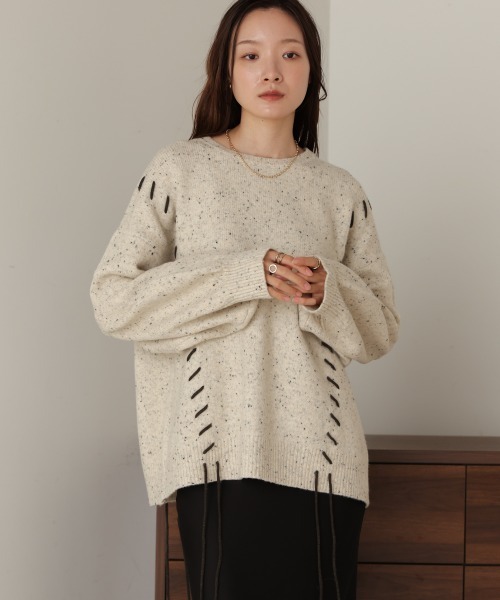 新品 ラッセルノ ジップアップニットフーディー (5/L) Ⓗ rienda | フェイクファーカッティングニットトップス (ニット ) |SHEL