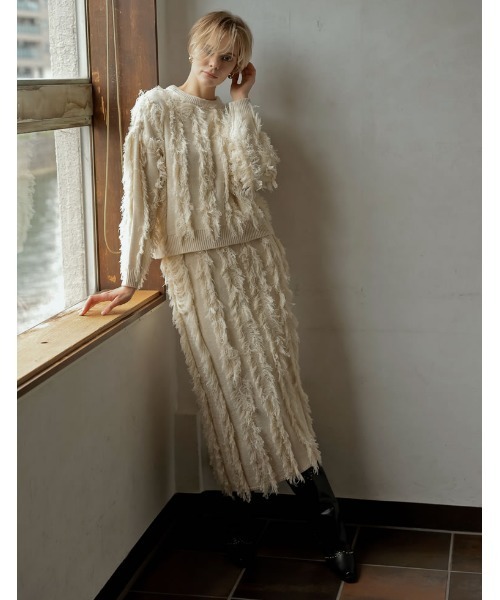 Re:EDIT（リエディ）の「[2024-25 WINTER COLLECTION][低身長サイズ有]フリンジニットナロースカート（スカート・レディース・ブラック/アイボリー/モカ・SHORT/MEDIUM/LARGE）」の18枚目の写真