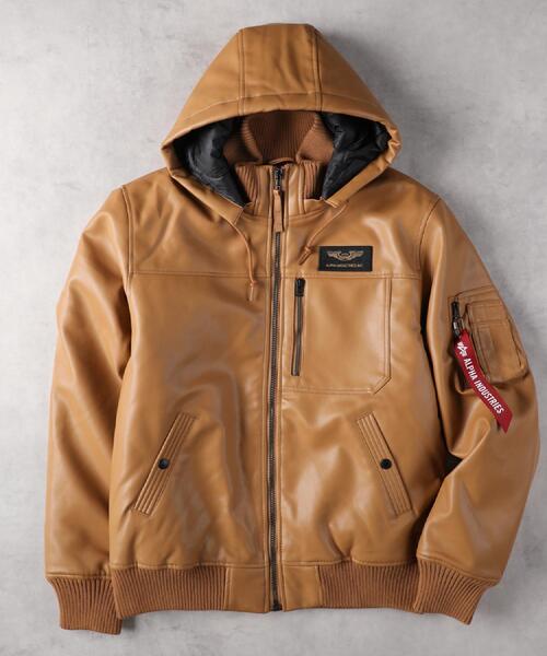 Alpha Industries（アルファインダストリーズ）の「ALPHA(アルファ)【メンズ】【WEB限定】フーデッドリブフェイクレザージャケット/2WAY（ミリタリージャケット・メンズ・キャメル・M/L/XL）」の22枚目の写真