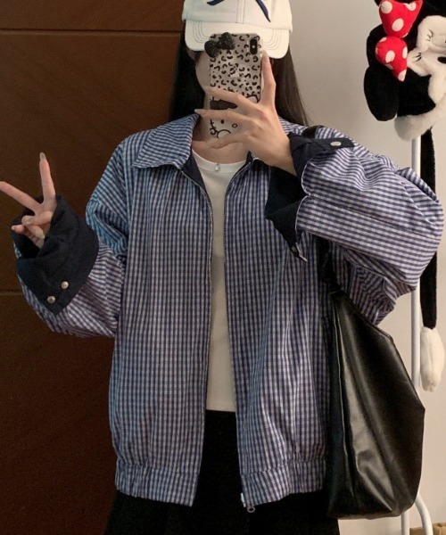 セール】【2WAY】リバーシブル 無地/チェック柄ブルゾン（ブルゾン