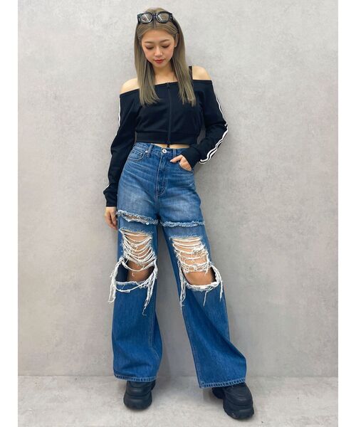 GYDA（ジェイダ）の「GD track 2ラインオフショルトップス（Tシャツ/カットソー・レディース・ブラック/ベージュ/オフホワイト・FREE）」の6枚目の写真