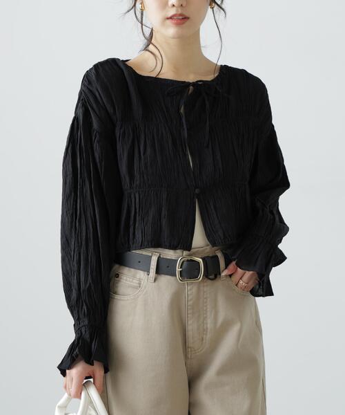 FREE'S MART（フリーズマート）の「◆シアーギャザー前開き短丈ブラウス（シャツ/ブラウス・レディース・イエロー/ホワイト/ブラック/ブラック系その他・FREE）」の3枚目の写真