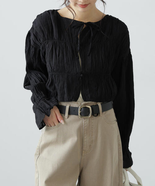 FREE'S MART(フリーズマート)の「◆シアーギャザー前開き短丈ブラウス(シャツ/ブラウス・レディース・イエロー/ホワイト/ブラック/ブラック系その他・FREE)」の7枚目の写真