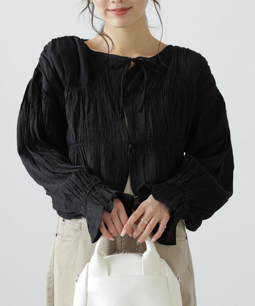 FREE'S MART(フリーズマート)の「◆シアーギャザー前開き短丈ブラウス(シャツ/ブラウス・レディース・イエロー/ホワイト/ブラック/ブラック系その他・FREE)」の10枚目の写真