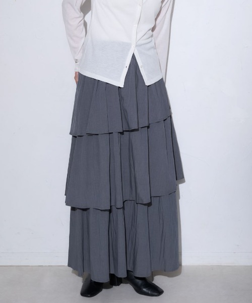 TRIANGLE PALETTE（トライアングルパレット）の「アシメティアード ロングスカート（スカート・レディース・ダークグレー/ブラック/アイボリー/カーキ/ホワイト・FREE）」の4枚目の写真