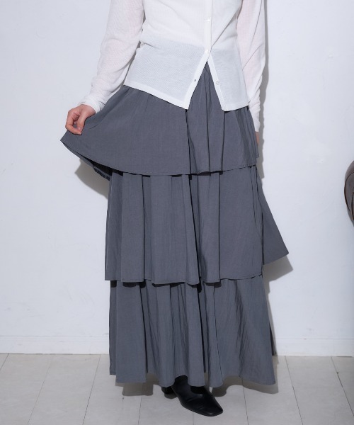 TRIANGLE PALETTE（トライアングルパレット）の「アシメティアード ロングスカート（スカート・レディース・ダークグレー/ブラック/アイボリー/カーキ/ホワイト・FREE）」の21枚目の写真