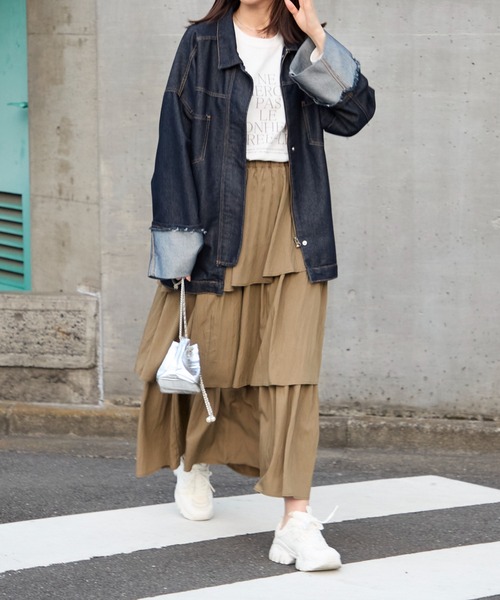 TRIANGLE PALETTE（トライアングルパレット）の「アシメティアード ロングスカート（スカート・レディース・ダークグレー/ブラック/アイボリー/カーキ/ホワイト・FREE）」の6枚目の写真