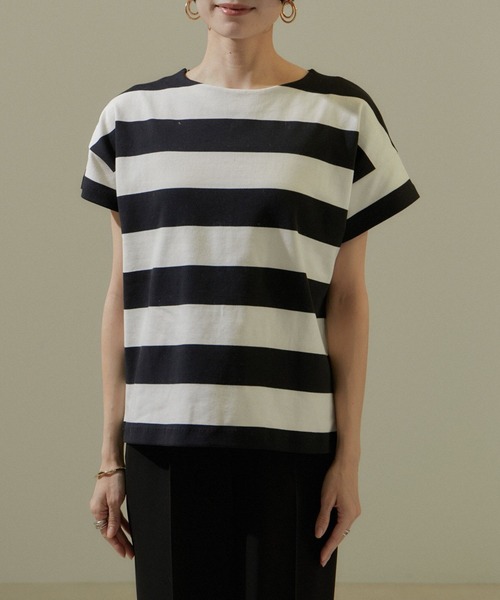 tシャツ 「WEB限定」フレンチスリーブポンチTシャツ「太ボーダー/無地」 レディース SALON adam et rope' tシャツ 「WEB限定」フレンチスリーブ