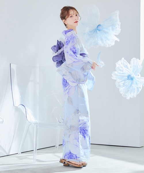 浴衣　3点セット(浴衣/兵児帯/ゲタ) 浴衣 3点セット（浴衣/兵児帯/下駄） 紺 ネイビー 蕗 フキ よろけ縞 雨