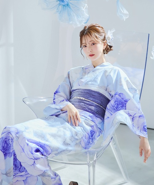 ストライプ地 ／グラデーション木蓮浴衣【浴衣3点セット 浴衣/帯/下駄