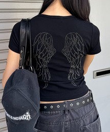 【新色ブラック追加!】羽モチーフ ラインストーン バックデザイン コンパクトTシャツ