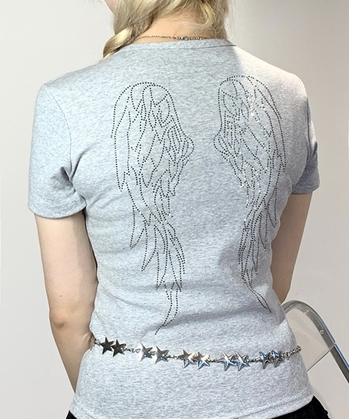 lilful（リルフル）の「羽モチーフ ラインストーン バックデザイン コンパクトTシャツ（Tシャツ/カットソー・レディース・ホワイト/グレー/ブラック・S/M）」の12枚目の写真