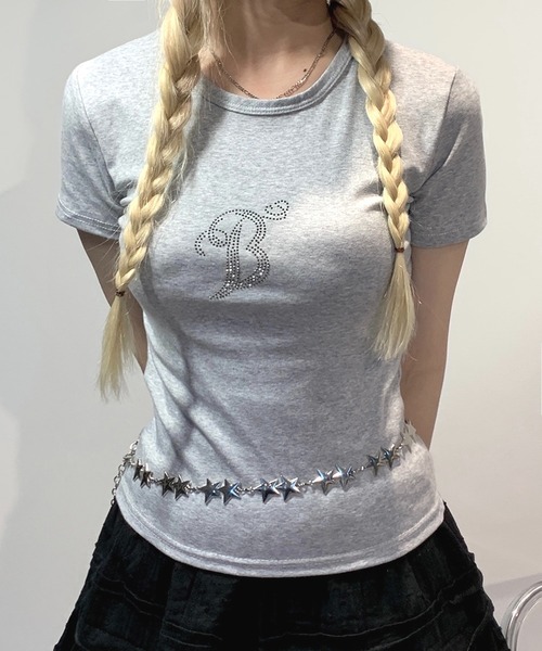 lilful（リルフル）の「羽モチーフ ラインストーン バックデザイン コンパクトTシャツ（Tシャツ/カットソー・レディース・ホワイト/グレー/ブラック・S/M）」の6枚目の写真