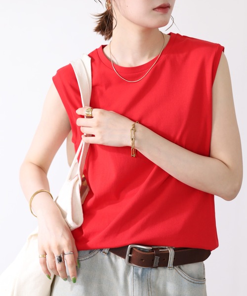 hunch(ハンチ)の「hunch USAコットンスリーブレスベーシックプルオーバー ノースリーブ(Tシャツ/カットソー・レディース・ライトベージュ/杢グレー/ブラック/オフホワイト/グリーン/ピンク/レッド/ホワイト系1/レッド系1・FREE)」の9枚目の写真
