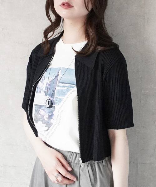セール】ダブルジップ襟付き半袖トップス（Tシャツ/カットソー
