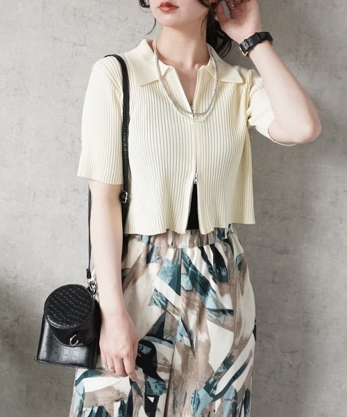 セール】ダブルジップ襟付き半袖トップス（Tシャツ/カットソー）｜Emma