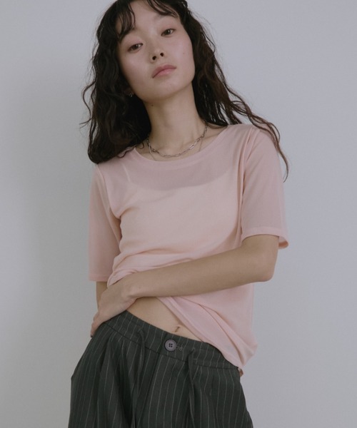 Aunt Marie's(アントマリーズ)の「シアーハーフスリーブTシャツ(Tシャツ/カットソー・レディース・ボルドー/アイボリー/ブラック/ライトブルー/ライトピンク・FREE)」の4枚目の写真
