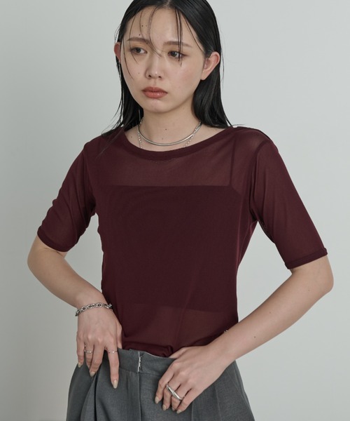 Aunt Marie's(アントマリーズ)の「シアーハーフスリーブTシャツ(Tシャツ/カットソー・レディース・ボルドー/アイボリー/ブラック/ライトブルー/ライトピンク・FREE)」の5枚目の写真