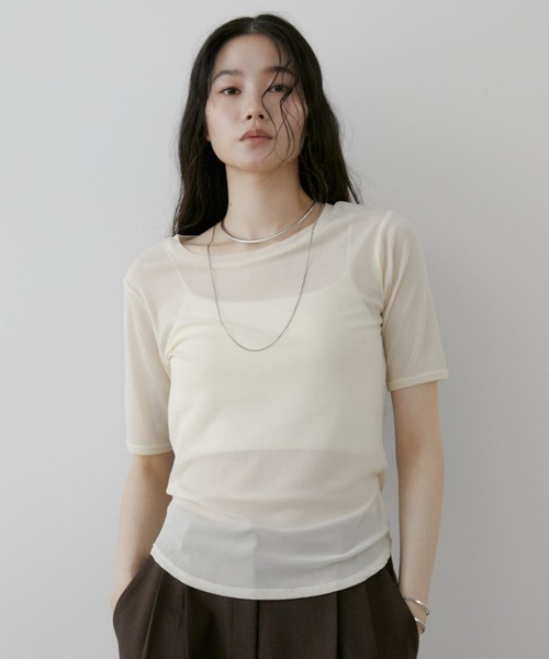 Aunt Marie's(アントマリーズ)の「シアーハーフスリーブTシャツ(Tシャツ/カットソー・レディース・ボルドー/アイボリー/ブラック/ライトブルー/ライトピンク・FREE)」の6枚目の写真